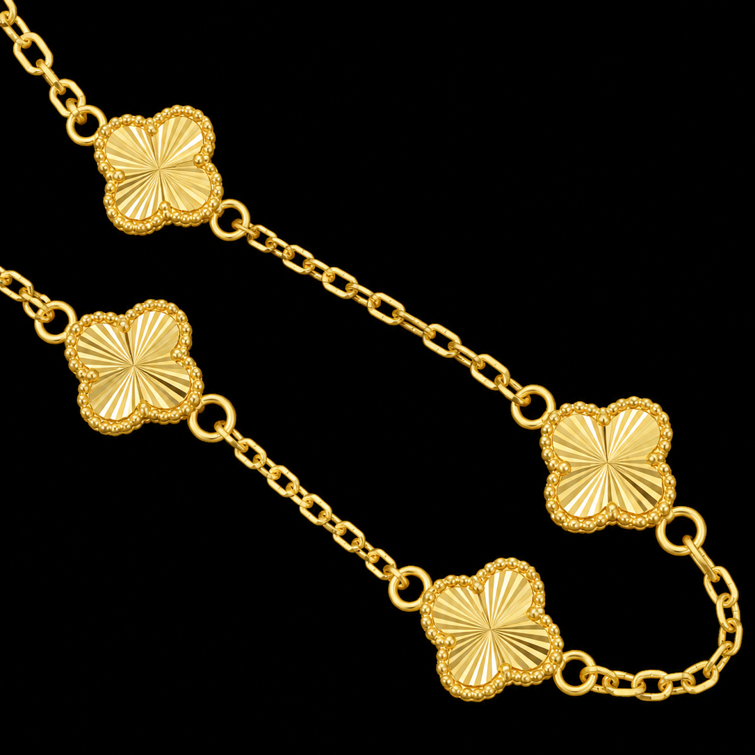 PULSERA ORO 18K TEJIDO TREBOLES DORADOS MEDIANOS 18CM 10MM